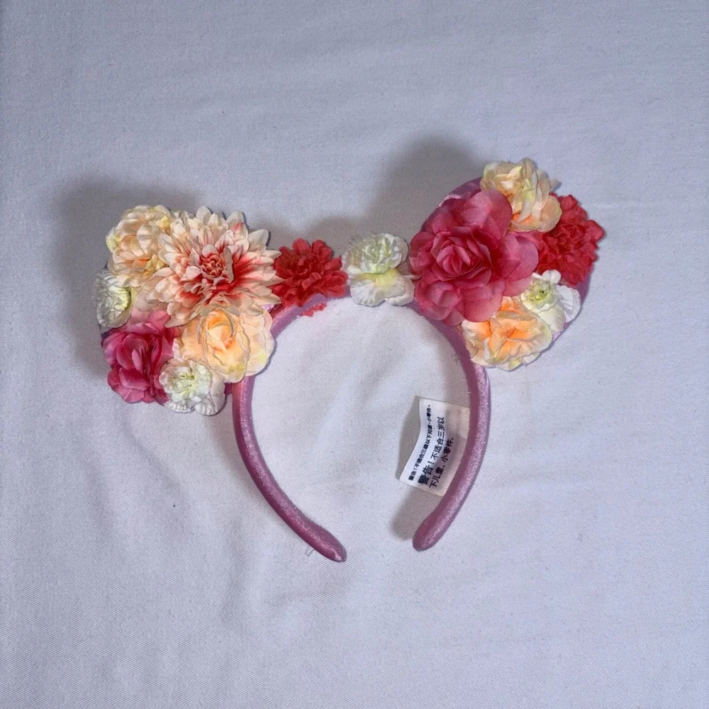 Disney Parks Minnie Mouse Floral Ears Headband OS Pink Excellent Satin Flower